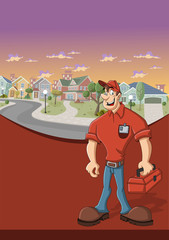 worker with red tool box in front of suburb neighborhood