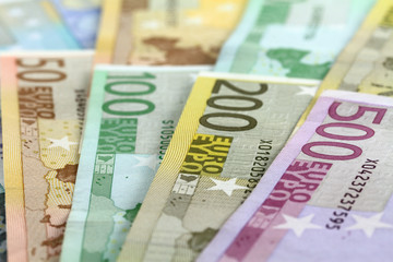 Euro banknotes. Fifty to five hundred. Shallow D.O.F