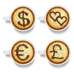 Cappuccino with money and heart signs