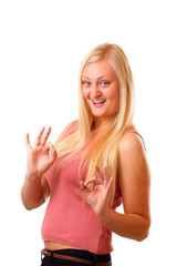 Funny blonde woman in red shirt