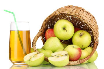 Useful apple juice with apples around in basket isolated