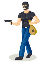 Illustration of a robber holding a gun and a bag of money