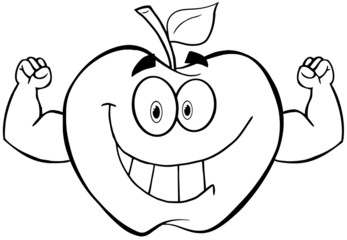 Outlined Apple Cartoon Mascot Character With Muscle Arms
