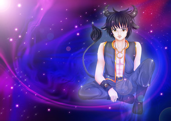 Manga style of zodiac sign on cosmic background, Taurus