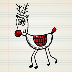 Christmas deer in doodle style on sheet of paper