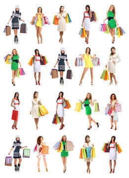 A collage of young women in dresses holding shopping bags