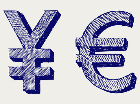 Yen And Euro. Doodle Style