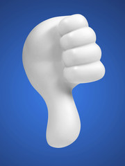 white hand with thumbs down on blue background