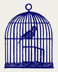 An open brass birdcage and bird. Doodle style
