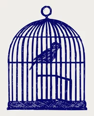 Foto auf Acrylglas Vögel in Käfigen Ein offener Messingvogelkäfig und ein Vogel. Doodle-Stil