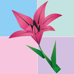 Origami lily flower card, colorful floral background