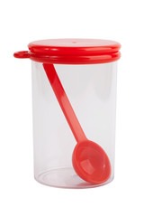 Plastic jar with a spoon inside