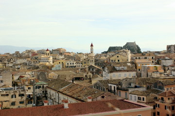 town buildings churches streets and castle on the island of Corfu in Greece	