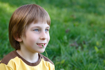 happy little boy dreaming on green grass