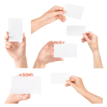 Business card in hand isolated set