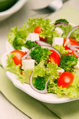 salad with tomatoes, broccoli, red onion and feta cheese