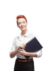 young smiling business woman holding diary