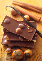 Chocolate and aroma spice on the wooden board