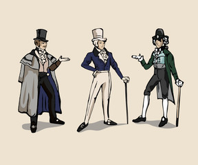 3 drawings of 19th century man costume.