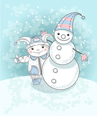 Funny little boy with smiling snowman