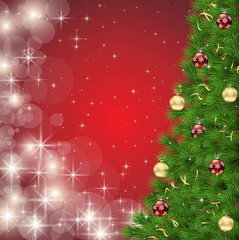 ベクター、クリスマスツリーと輝く光の赤い背景