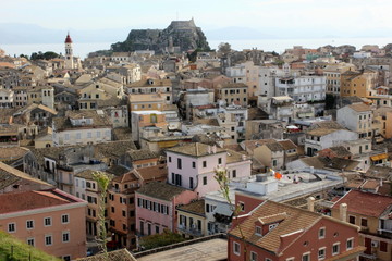  town buildings churches streets and castle on the island of Corfu in Greece