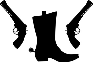 silhouette of pistols and boot with spurs - obrazy, fototapety, plakaty