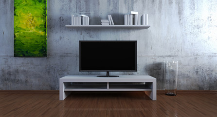 Entertainment cabinet in front of concrete wall
