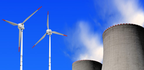 nuclear power plant and wind turbines