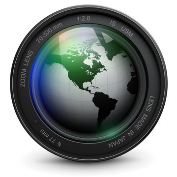 Camera photo lens with earth globe inside, vector.