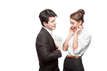young happy business people holding money