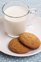 Two cookies with a glass of milk
