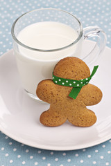 Gingerbread men with a green scarf and a glass of milk