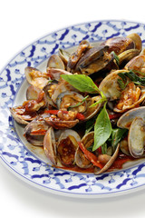 stir fried clams with roasted chili paste and thai sweet basil
