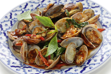 stir fried clams with roasted chili paste and thai sweet basil