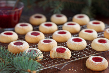 Almond biscuits with jam filling, selective focus
