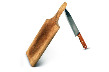 Kitchen Cutting Board with Knife Isolated on White