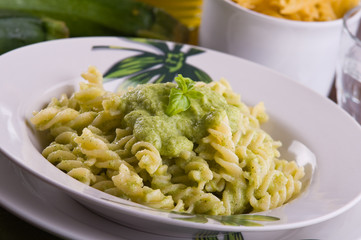 Pasta with zucchini pesto.