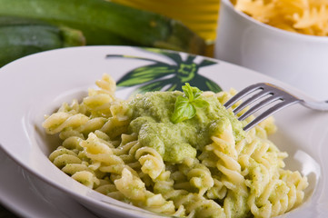 Pasta with zucchini pesto.