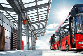 Fototapeta premium Moderner Busbahnhof Haltestelle mit Bus - modern Bus Station