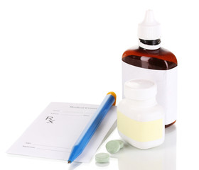 Pharmacist prescription with drops and pills isolated on white