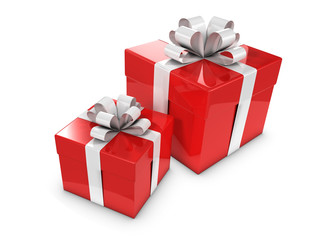Two Red Gift Boxes with white bows and ribbons