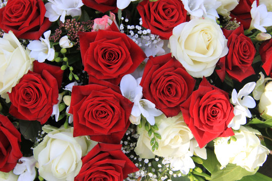 white and red roses in a bouquet