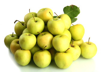 juicy apples with green leaves, isolated on white