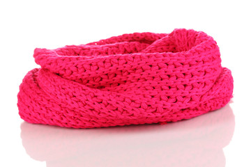 Warm knitted scarf pink isolated on white