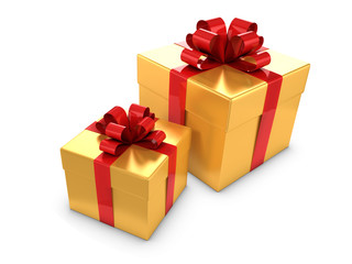 Two Gold Gift boxes with red bows and ribbons