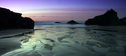 Bedruthan Steps, Cornwall, at sunset