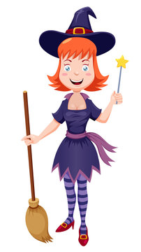 illustration of witch cartoon with broom.Vector