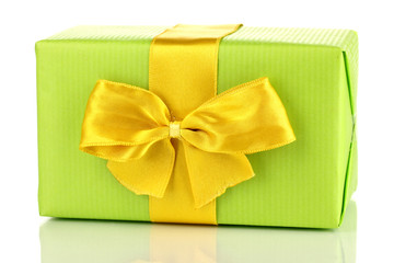 Colorful green gift with bow isolated on white