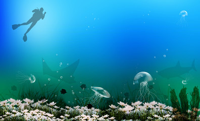 Fototapeta na wymiar Nurkowanie. Podwodne życie na morzach i oceanach